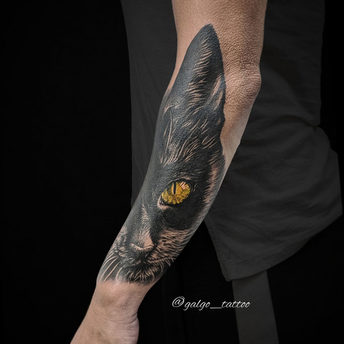 Uno de mis mejores tatuajes realistas sobre un retrato de gato. Hecho en Canarias.