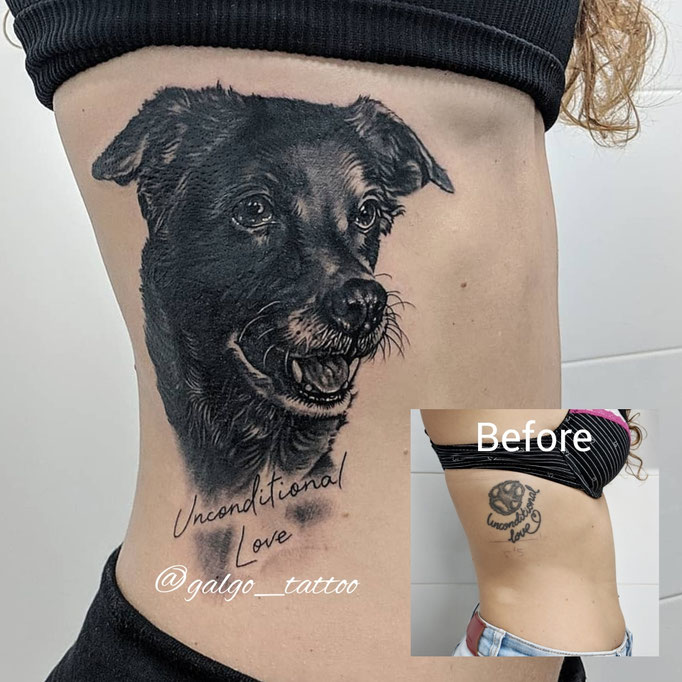 Coverup, tapado con un retrato realista de  un perro en negro y gris. Realizado en Canarias, España.