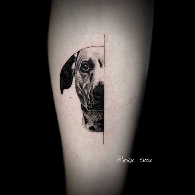 Tattoo en realismo de un perro dálmata en el antebrazo.