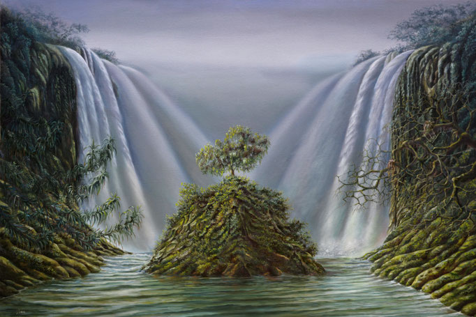LA ISLA DEL ÁRBOL.  Óleo sobre tela, 100 x 150 cm. Jorge Luna