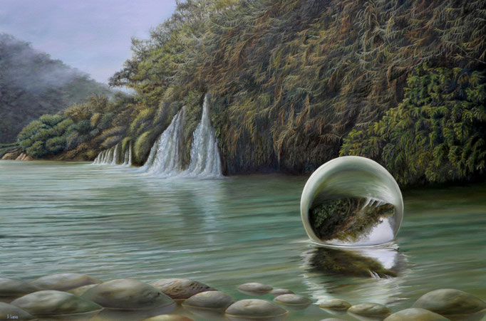 AL PIÉ DEL CAÑÓN.  Óleo sobre tela, 100 x 150 cm. Jorge Luna