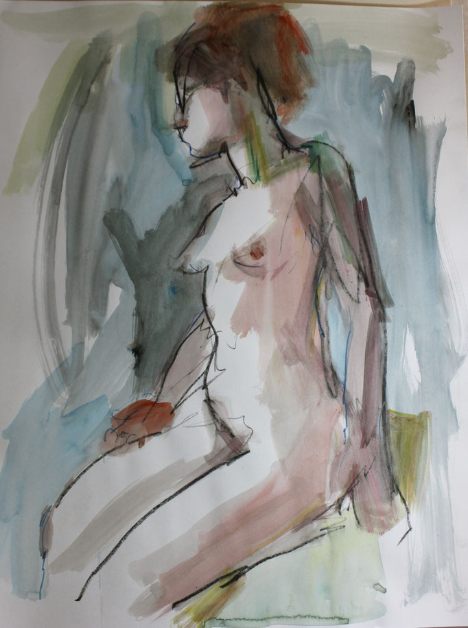 nu assis, graphite et gouache sur papier, 65/50 cm, 2013