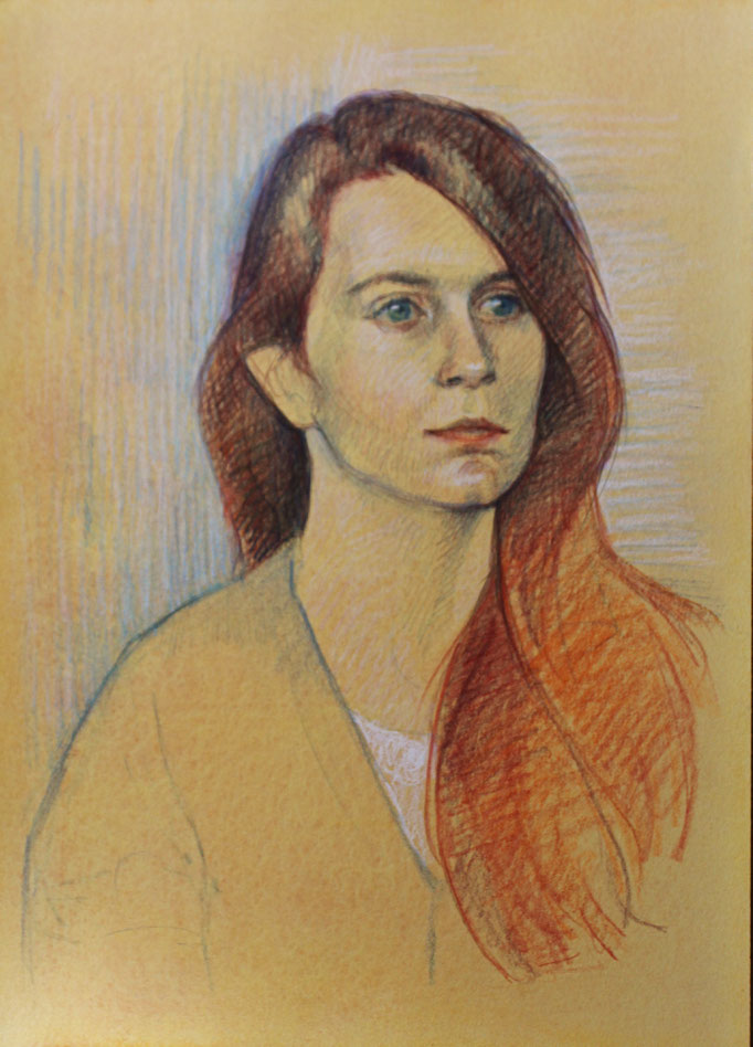 Marie chevelure de feu, crayons pastel sur papier teinté, 2015