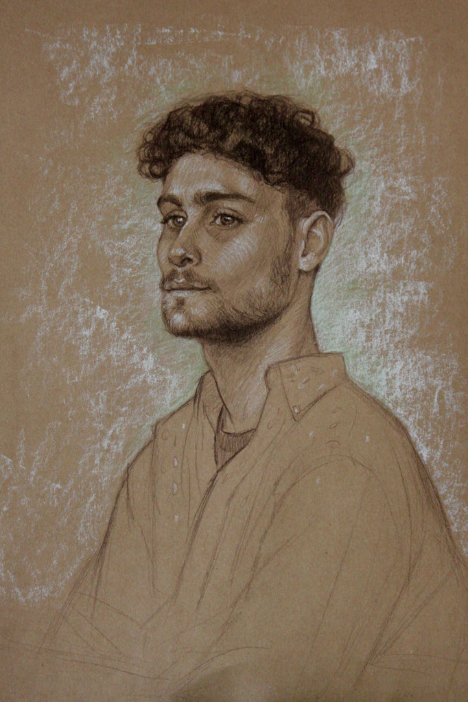 Victor, crayon fusain et pastels blanc et verts, 50/32cm, 2019