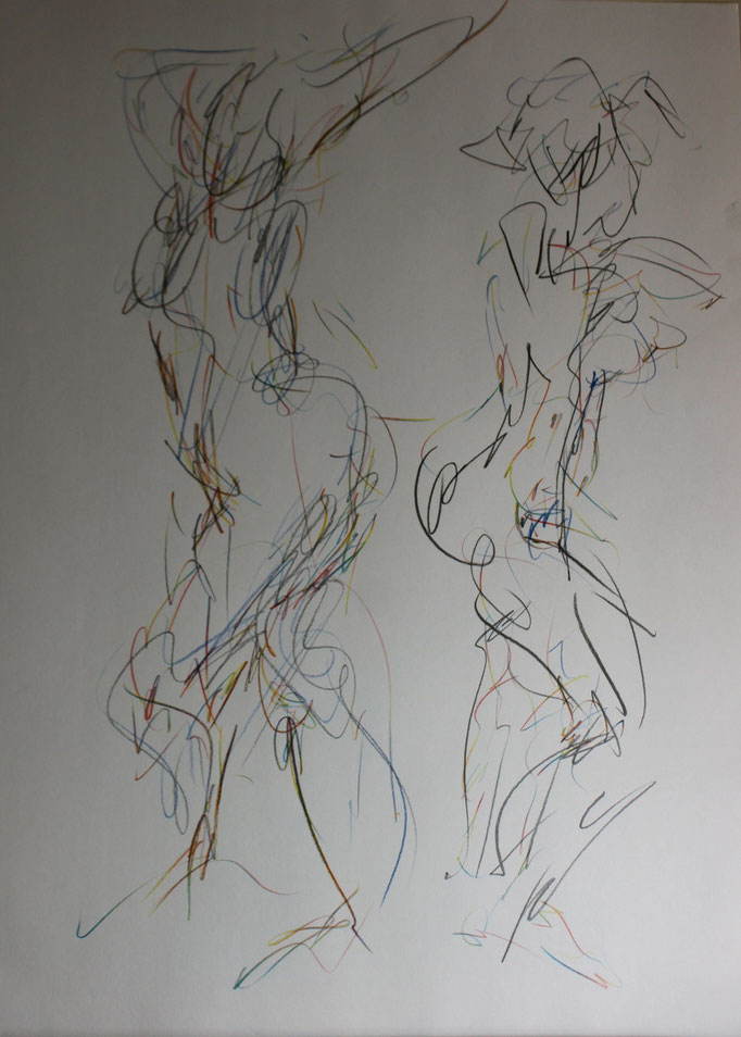 études, 2 poses rapides, graphite et crayons de couleur/papier, 65/50cm