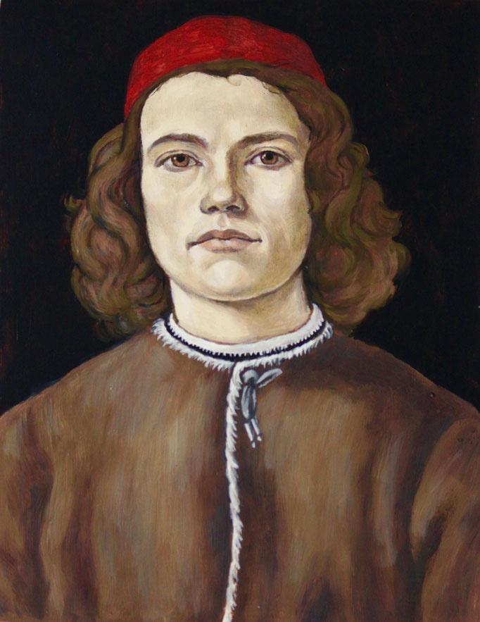 d'après Botticelli, jeune homme à la tunique marron et toque rouge, 39/30 cm, 2021