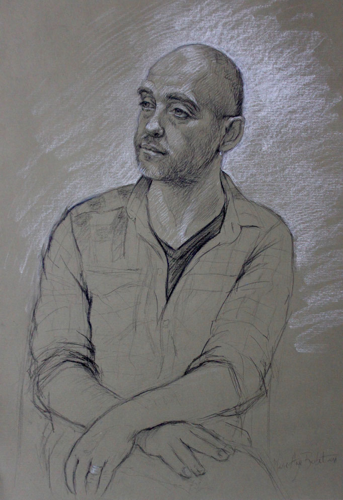 Gaël, pierre noire et craie blanche sur kraft olive, 2018
