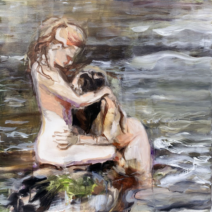 tanja selzer, two and water, 2021, 50 x 50 cm, oil and graphite on linen