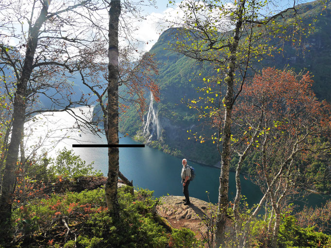 Blick über den Geirangerfjord auf den Wasserfall "Sieben Schwestern"