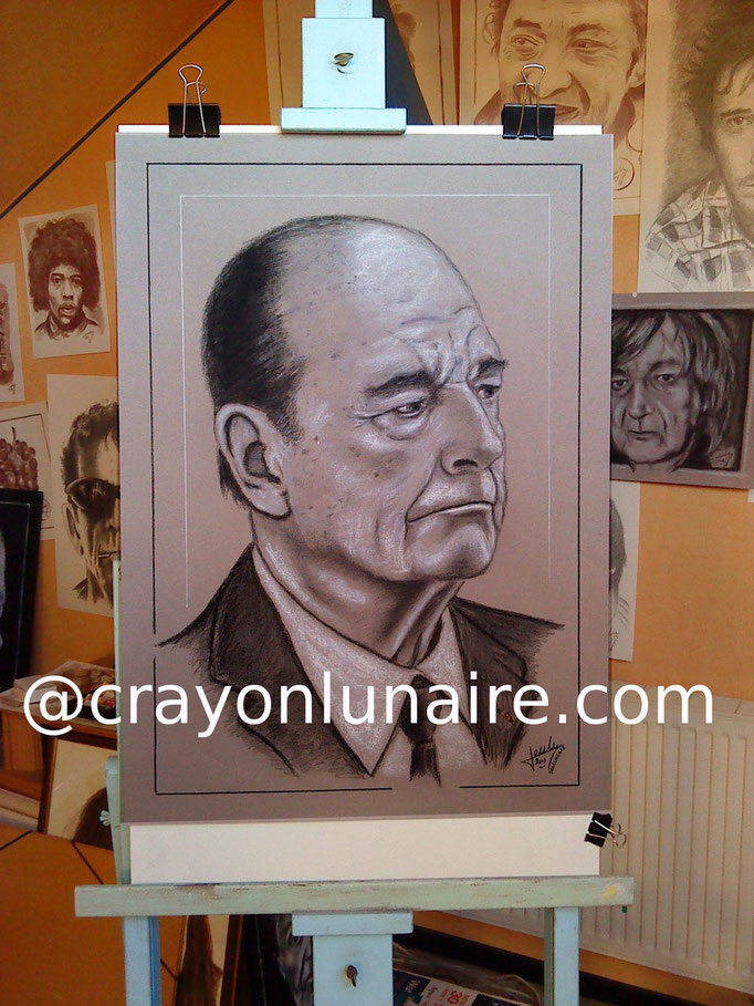 Monsieur le Président Jacques Chirac portrait au fusain & à la pierre blanche 