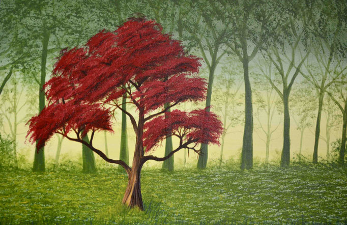 Groen bos met rode boom 60 cm x 40 cm in acrylics - SOLD