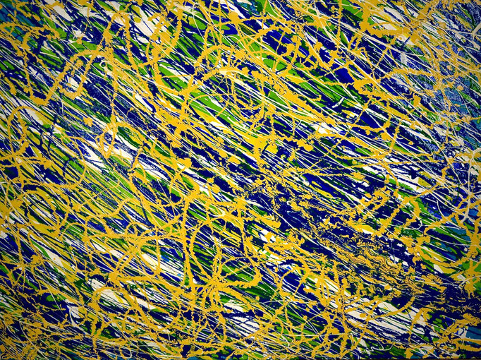 Pollock style - P 6 - Colors blue, yellow and green on white background (80 cm x 60 cm) - in SHOP