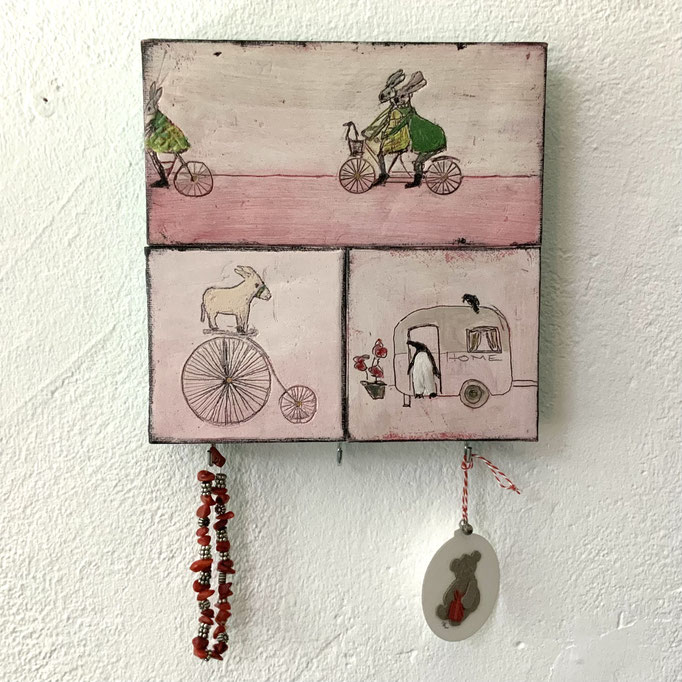 schluessel-pinnwand,fahrraeder,hochrad,camping,hasen,pinguine,esel,rosa