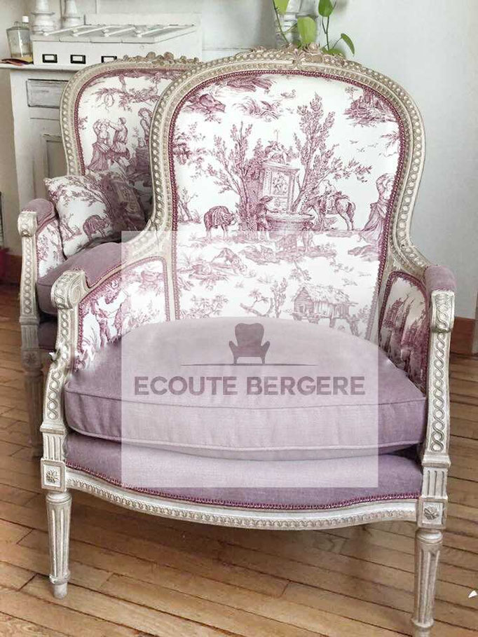 Bergère Louis XVI toile de Jouy rose - Ecoute Bergère
