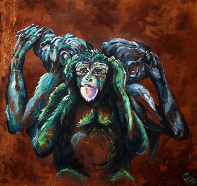 3 Affen, Ölfarbe auf Rost/Leinwand, 100x100cm