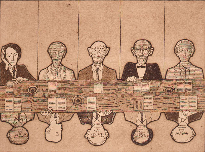 Faculty Council / etching, aquatint / 26.6×36.3cm / 1974　「教授会」エッチング・アクアチント