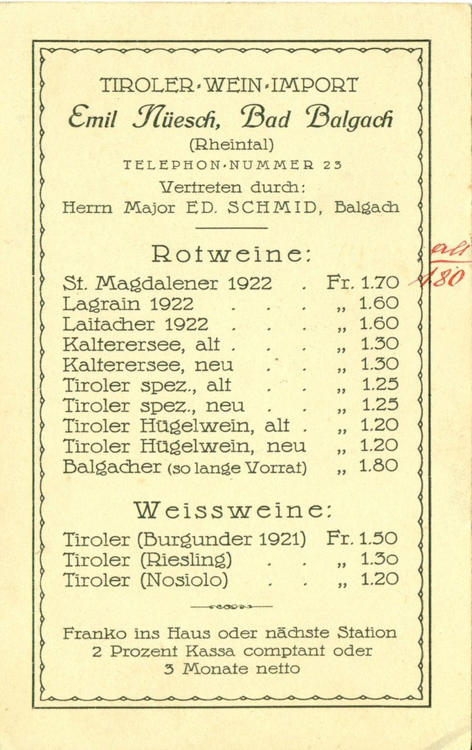 Hotel Bad: Preisliste (Tiroler)Weine ca. 1924