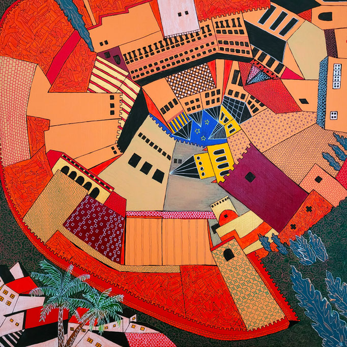 MIDDELEEUWSE VESTING met Albaicín de oude Moorse wijk op de voorgrond uit de serie Alhambra - acrylverf op doek - 75 x 75 - houten baklijst - verkoopprijs € 795