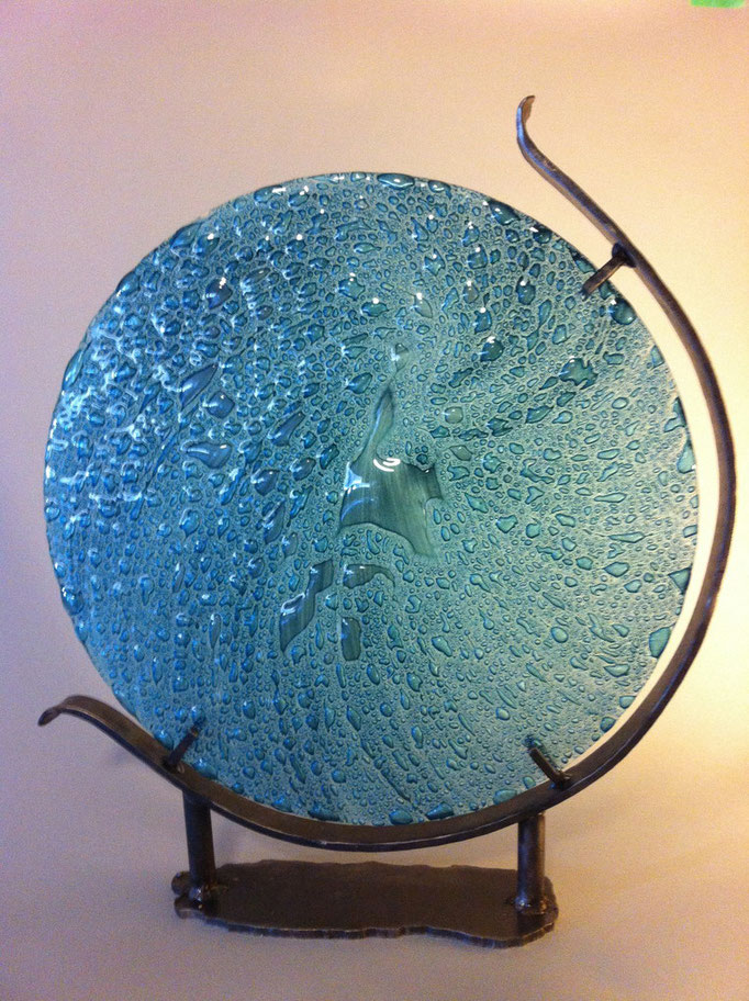 Maelstrom, float glass, oxides, steel stand, 28"x24"