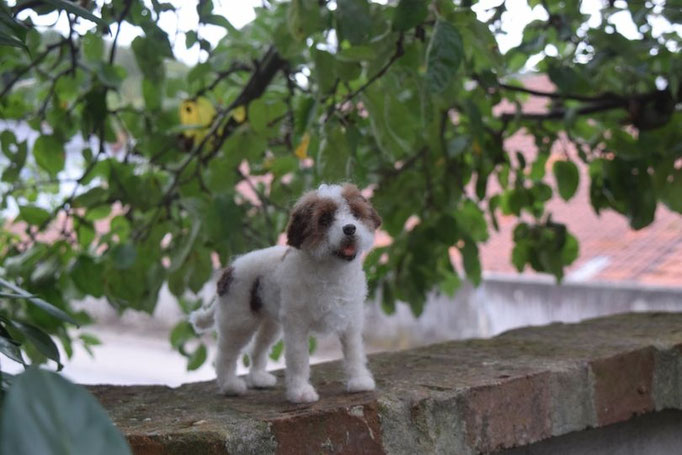 individuelles Hundeportrait aus Wolle handgefilzt zwischen Pflanzen