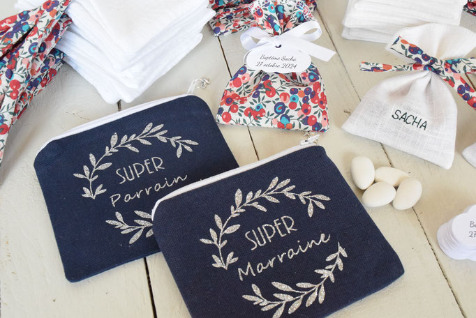 pochette merci marraine et parrain baptême et pochon dragées liberty