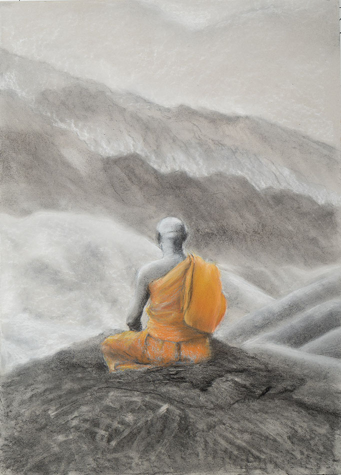 Der Mönch, 2025  Kohle und Pastell auf Karton    50 x 69 cm (Blatt) 70 x 90 cm (gerahmt)