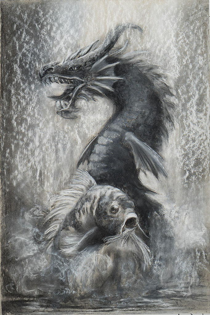 Koi, 2025  Kohle und Pastell auf Karton    50 x 33 cm (Blatt) 40 x 60 cm (gerahmt)