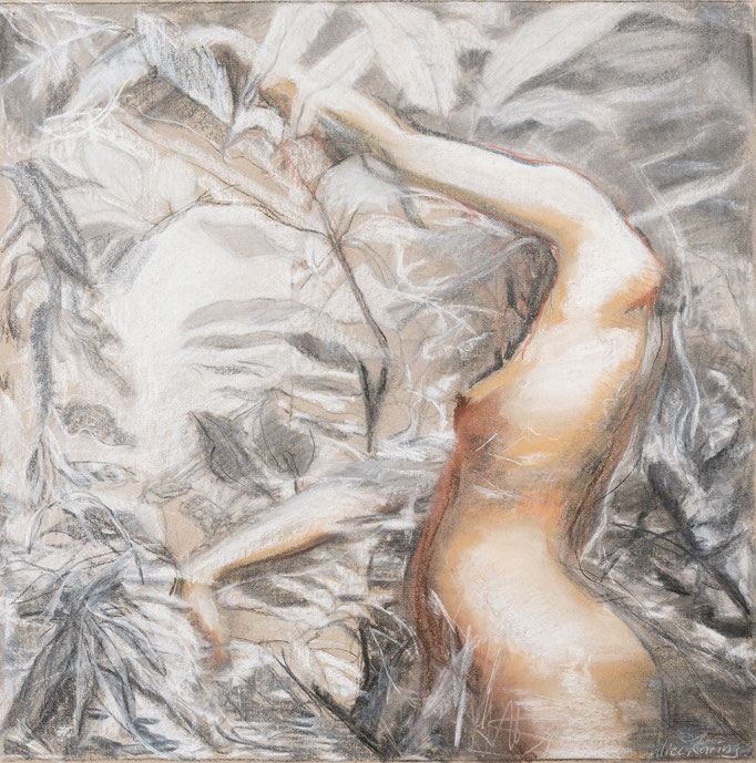 Reflexion, 2023  Kohle und Pastell auf Papier    40 x 40 cm