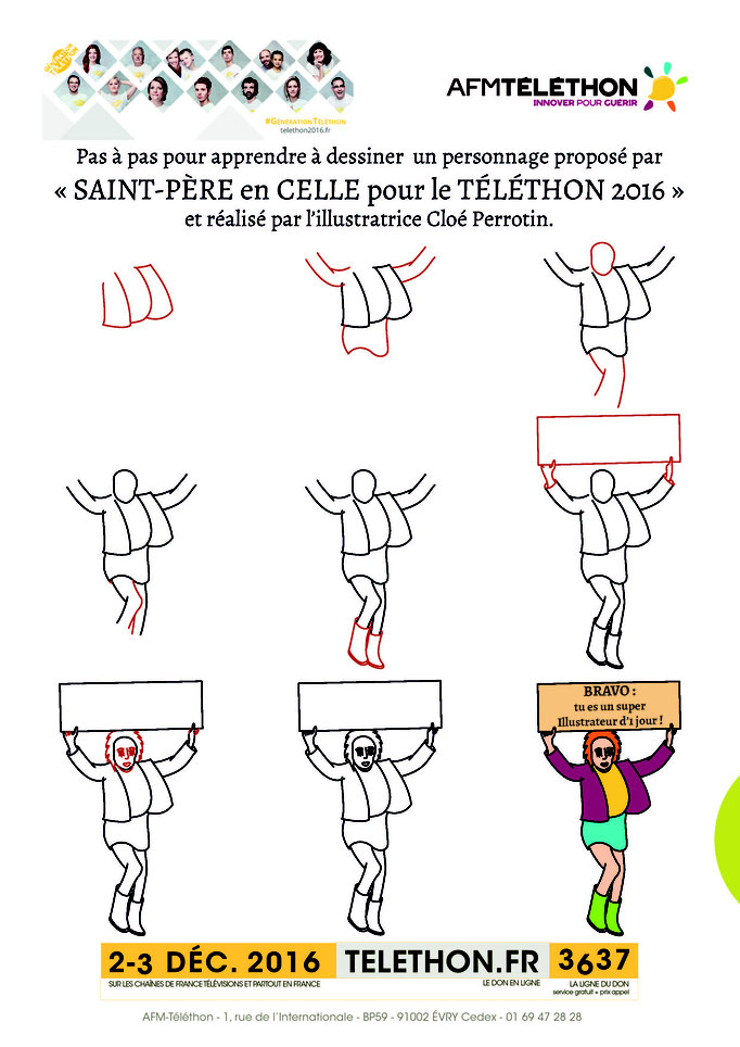 Tutoriel pour apprendre à dessiner un personnage femme à la pancarte illustré par Cloé Perrotin pour le Téléthon 2016