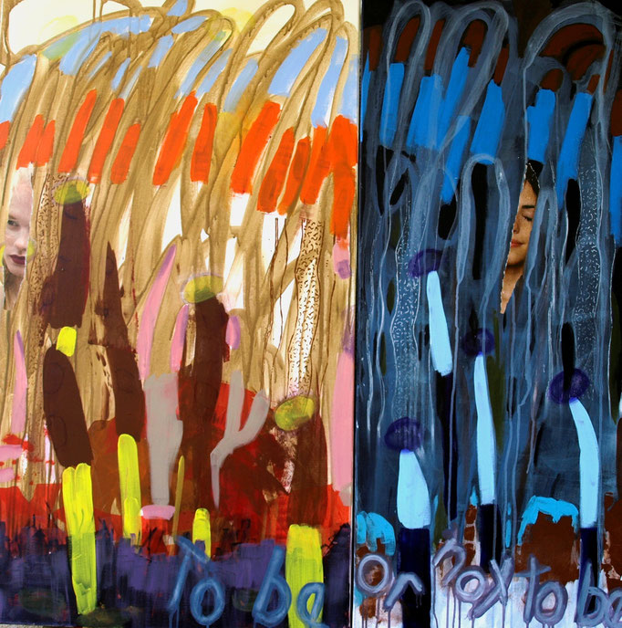 "To be or not to be", 120 x 120, Acryl auf Leinen, Collage, 2016