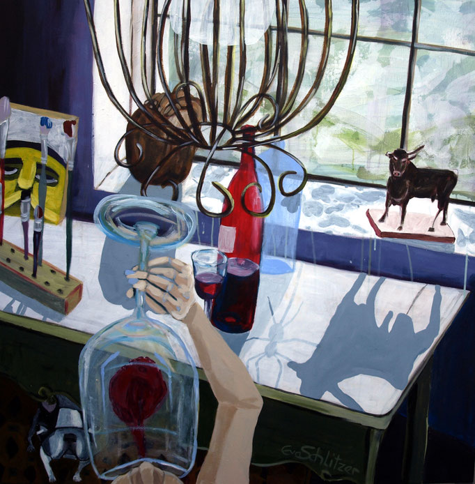 "Frühmorgens im Atelier", 100 x 100, Acryl auf Leinen, 2021