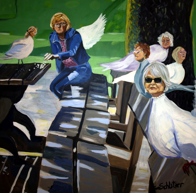 "Die Perlentäubchen", 100 x 100, Acyl auf Leinen, 2021