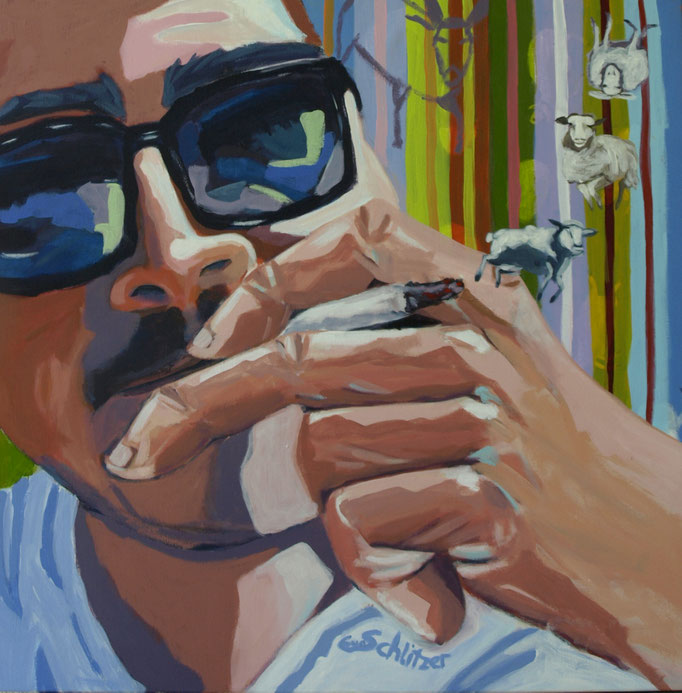 "Smoke on the sheep", 80 x 80, Acrcl auf Leinen, 2024