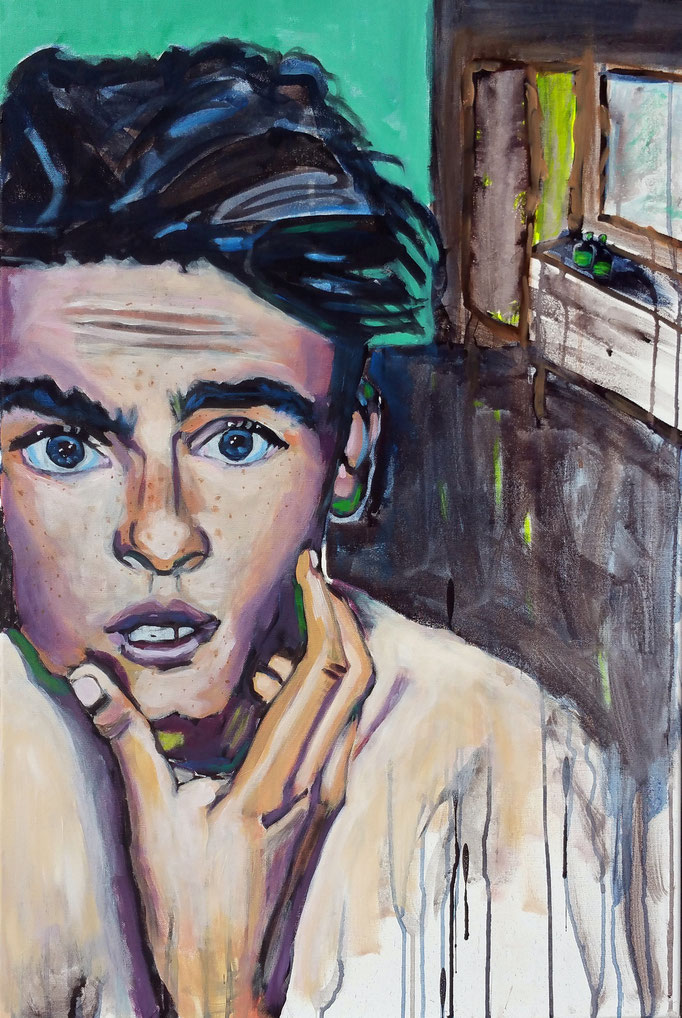 "Shit, ich habe zu viel Rasierwasser aufgetragen", 100 x 80, Acryl auf Leinen, 2017