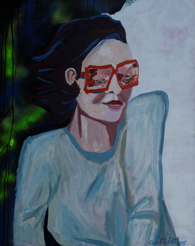 "Selbstportrait mit rosaroter Brille", 100 x 80, Acryl auf Leinen, Collage, 2015