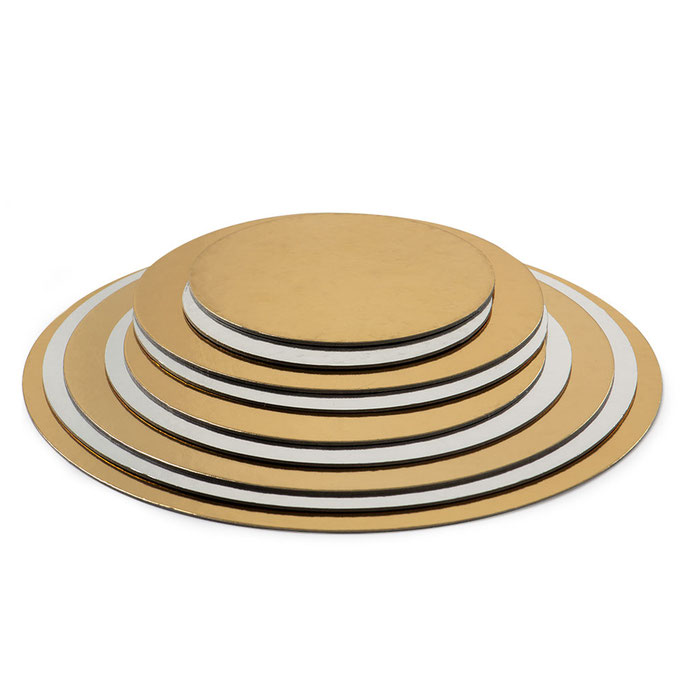 Spessore: 0,3 cm Sottotorta rotondi in pasta di pura cellulosa rivestiti con alluminio colorato oro e argento disponibili diverse misure