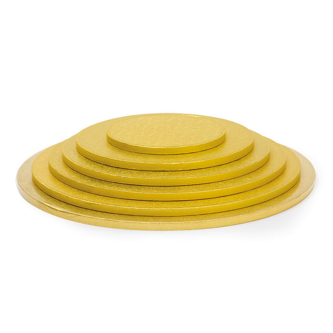 Cakeboards Spessore: 1,2 cm Colore: oro Sotto-torta rigidi rotondi, in cartone rivestiti con alluminio colorato. Imbustati singolarmente.