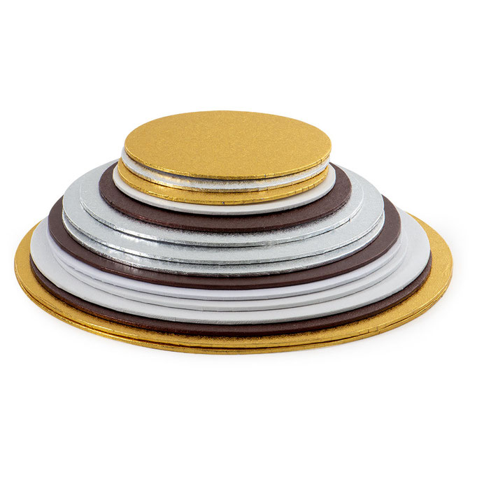 Spessore: 0,3 cm Sottotorta rotondi in pasta di pura cellulosa rivestiti con alluminio colorato disponibili diverse misure