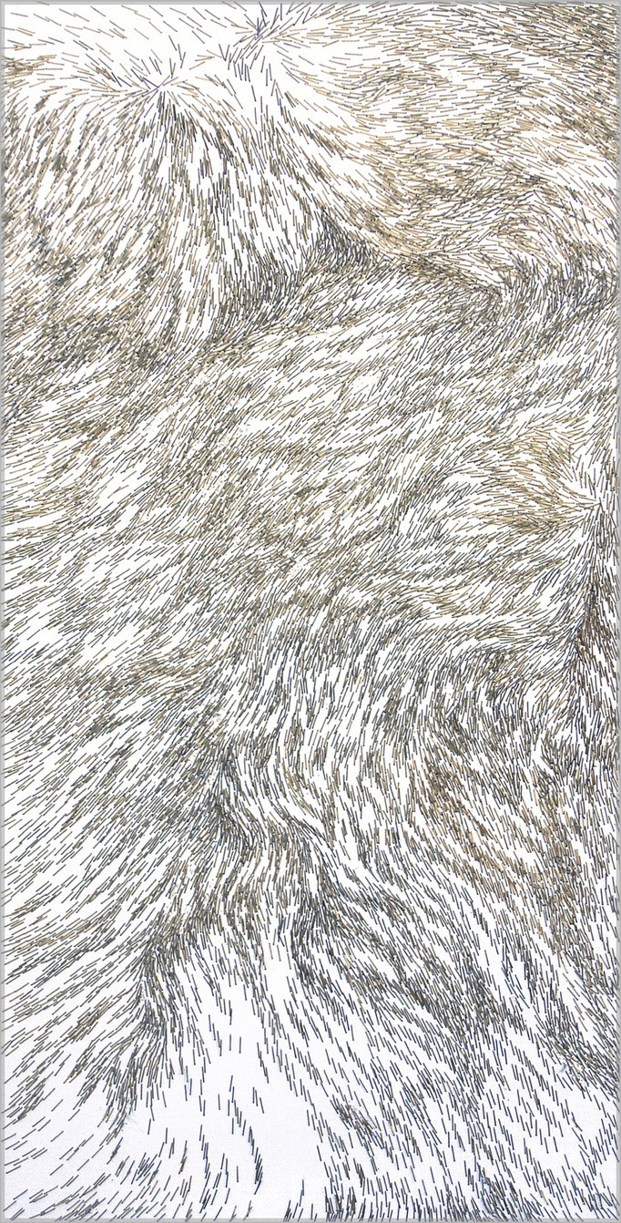 "IN MOTION II, partly gilded metal Staples (galvanized with 24 ct gold) on wood with canvas, 43x86cm. SOLD