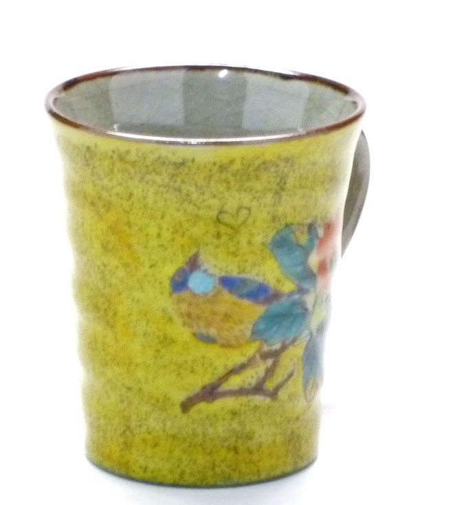 九谷焼　マグカップ　椿に鳥　黄色塗り　裏絵