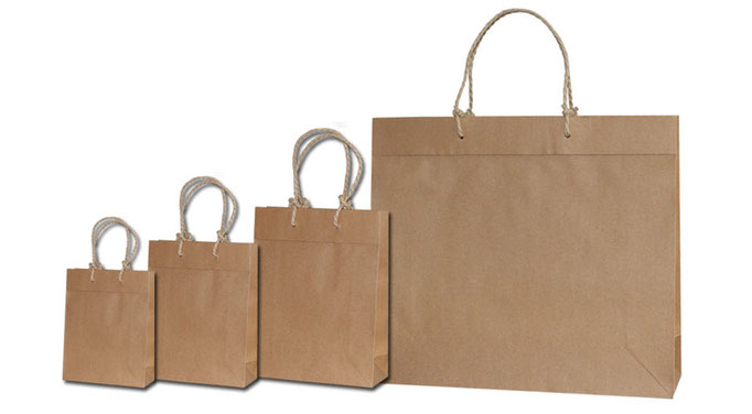 Taschen aus recycling Papier mit eingeknoteter Papierkordel in braun mit Kartonboden und Randverstärkung