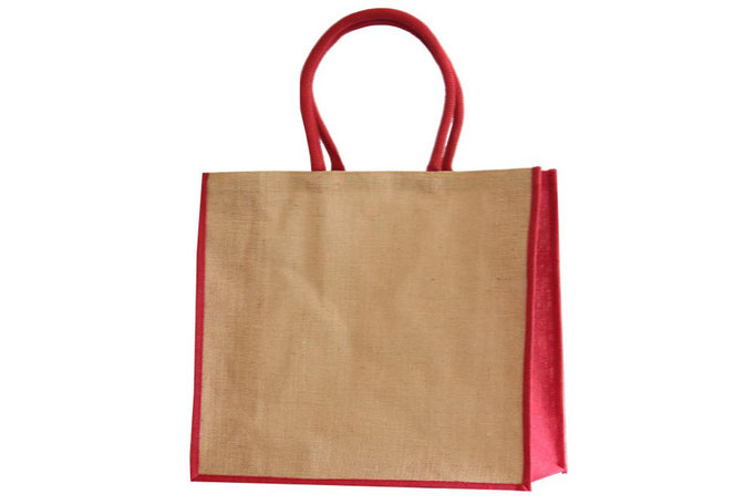 Jute Taschen rot mit roter Boden und Seitenfalte sowie rotem Griff als Kordel