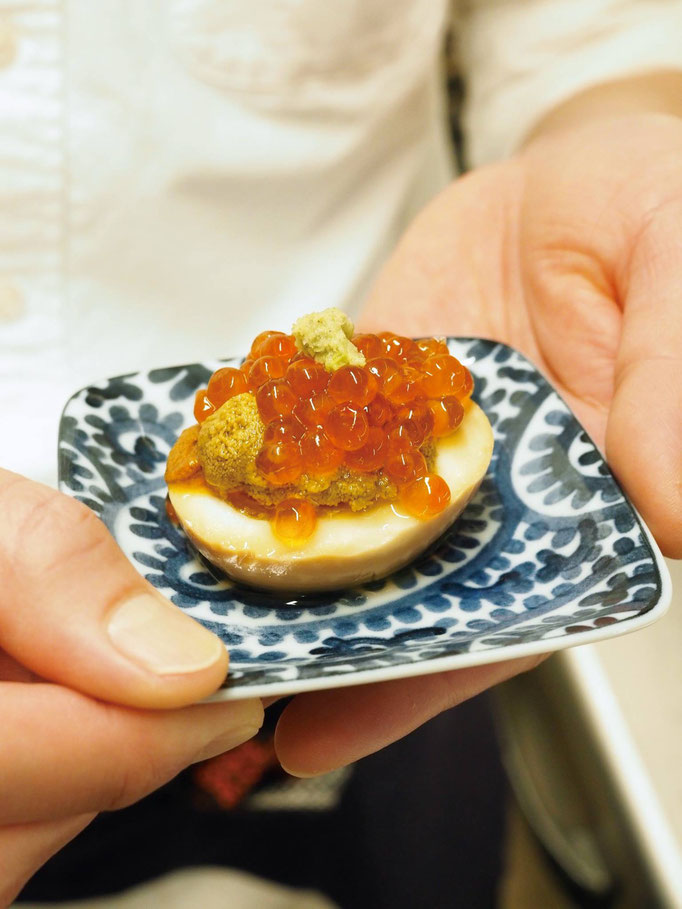 Sea ​​Urchin and Salmon Roe on the Boiled Egg