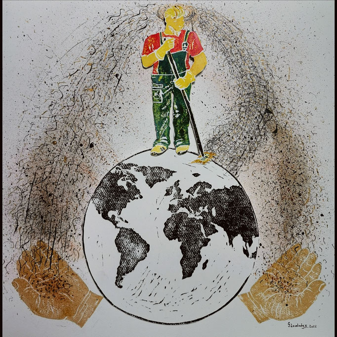 "Series Climate and Environment - The Sweeper" / Indian ink, Tusche /lino cut, Linolschnitt /  wood cut, Holzschnitt / 75 x 110 cm / 2022