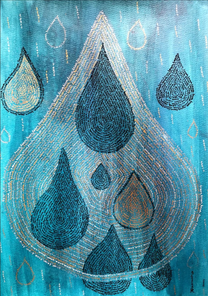 "Series Droplets" /coloured Indian inks in silver, black, gold / farbige Tusche / Gansai watercolours / 36 x 48 cm / 2022
