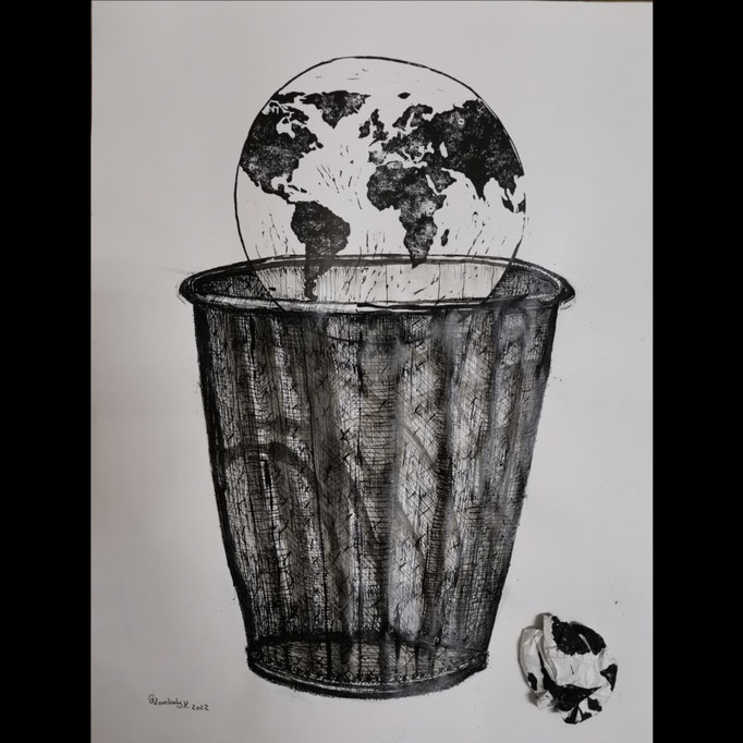 "Series Climate and Environment - Wasted Offerings" / Indian ink, Tusche / lino cut, Linolschnitt /  50 x 65 cm / 2022