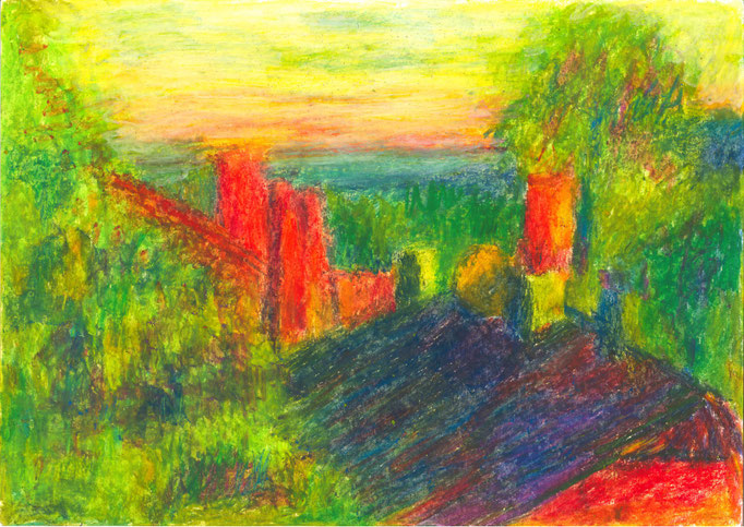 Johanna Schott // Blick über die Dächer Göttingens // Ölpastell auf Papier // 21 x 29,7 // 2014