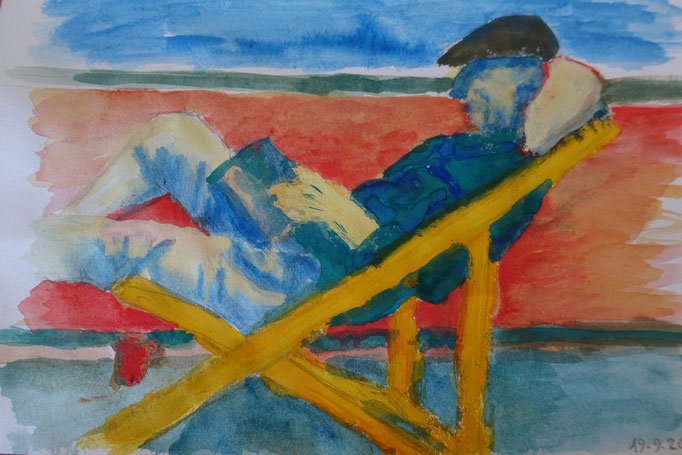 Johanna Schott // Skizze // Jens im Liegestuhl // Gouache auf Papier // 14,5 x 21 cm // 2020
