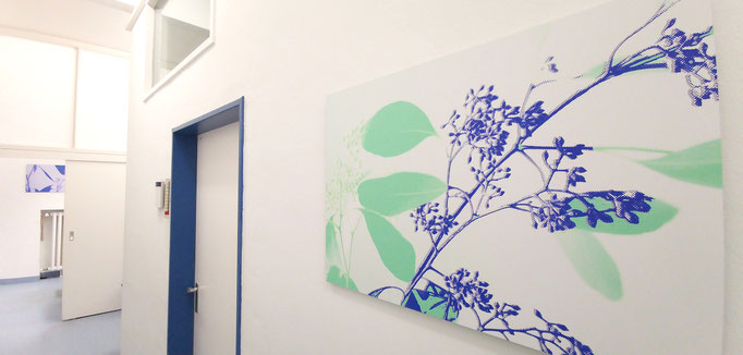Hauptgang mit Eukalyptus Motiven und Farbakzenten, Kunst für Kliniken als Orientierung und Wohlbefinden.