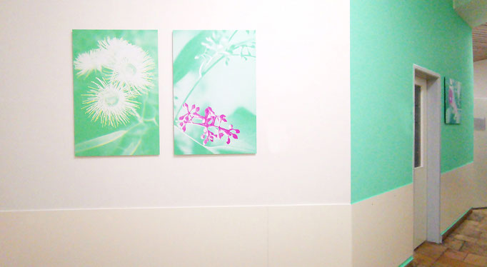 Wartebereich mit Pink und Hellgrün als Farbkonzept, Kunst für Klinik zur freundlichen Atmosphäre für werdende Mütter.
